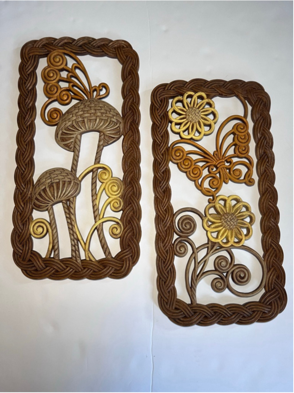 Vintage 1979 Burwood Mushroom Butterfly Wall Plaques 2329 Faux Rattan MCM Set